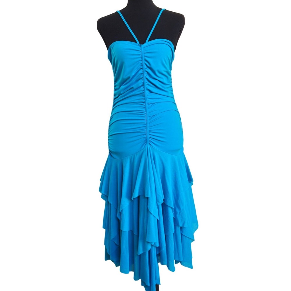 Moda International Y2K Fairy HoCo Dress L Blue Ruched Tiered Ruffle Stretch Prom